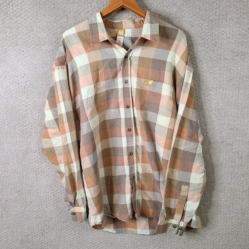 Evolution Shirt Mens XL Brown Plaid Button Down Cotton Blend Long Sleeve Casual